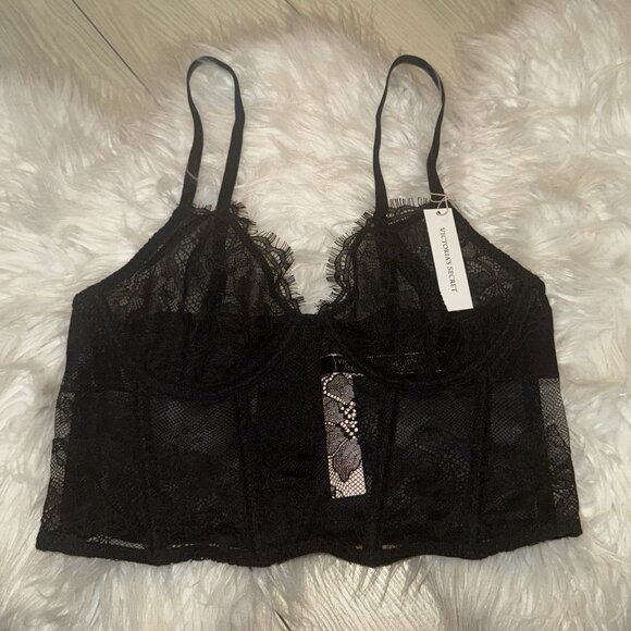 Victorias Secret Lace Longline Bra Corset Underwire Womens M Medium Black New - Picture 2 of 7